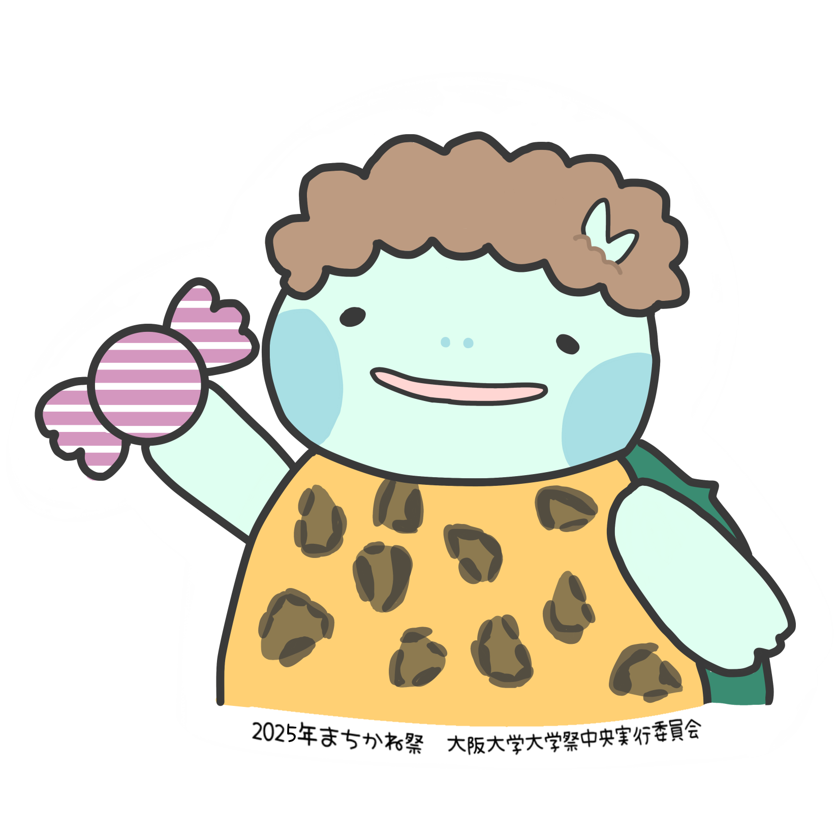 ステッカーのイラスト。大阪大学大学祭中央実行委員会のキャラクター「まちかめ」がパーマの髪、ヒョウ柄の服をつけ、飴を持っています